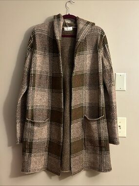 Plaid Hooded Open-Front Long Cardigan Sweater -
